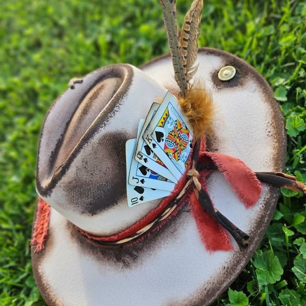 Brown Feathered Women's Hat with Playing Cards